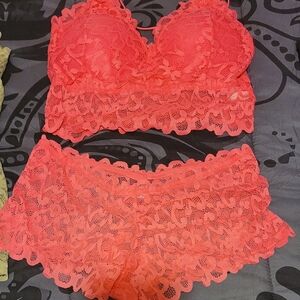 Lace Bralette and Shorts Set - Hot Pink